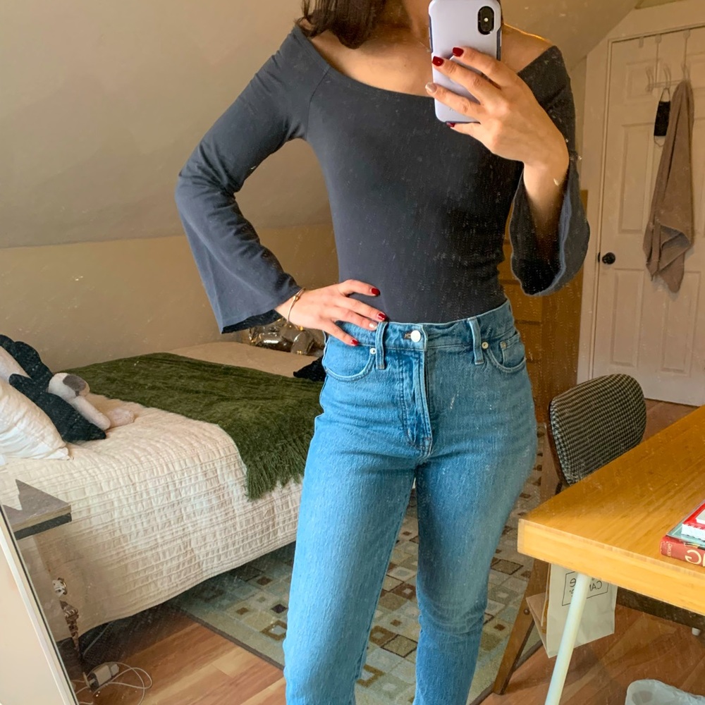 Gray off the shoulder body suit